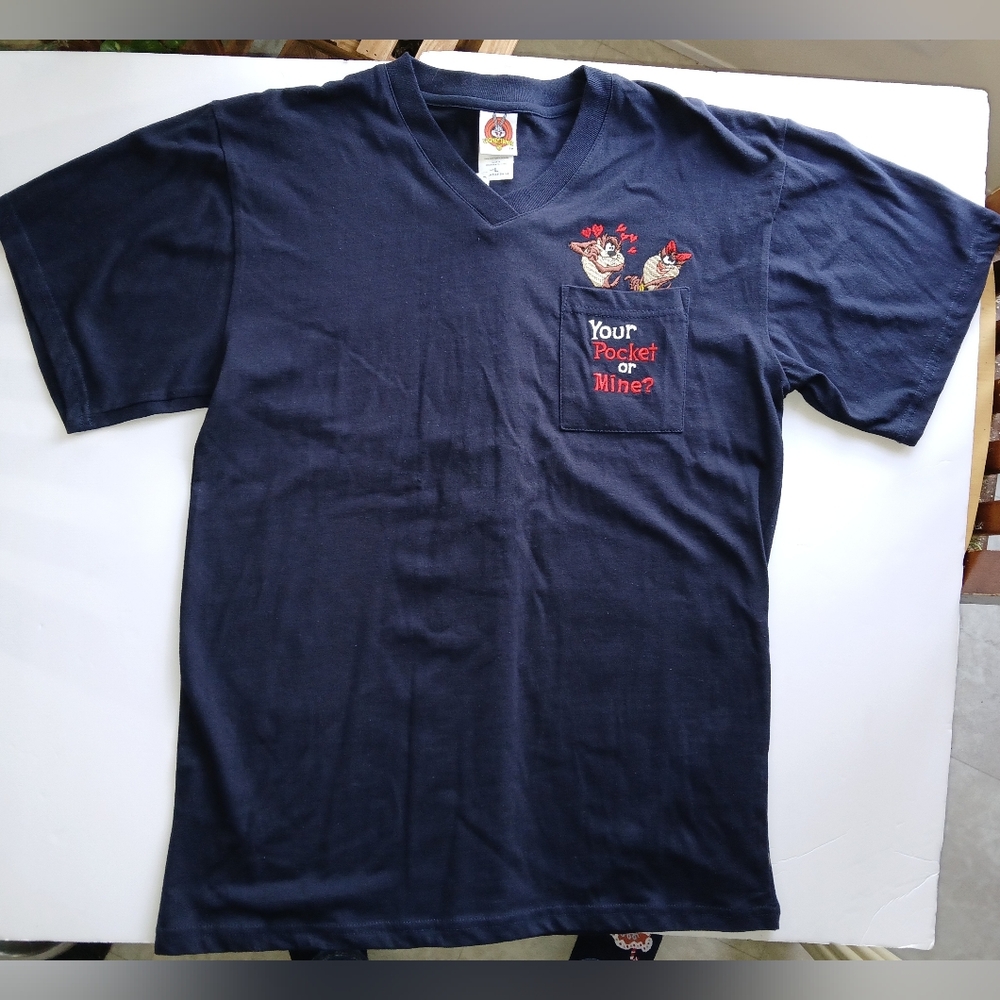 Looney Tunes Blue T-Shirt with Embroidered Pocket Vintage Large Valentine's